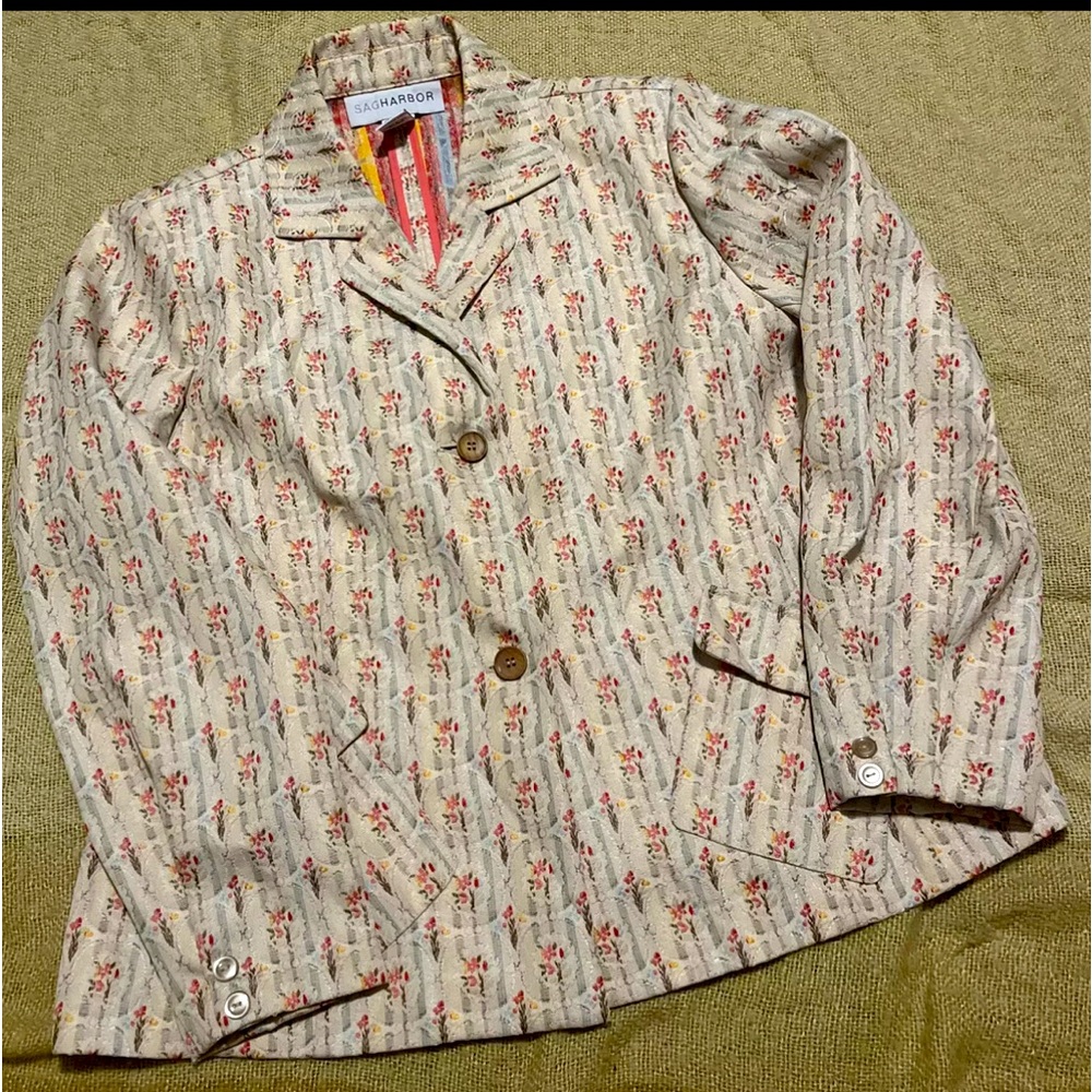 New Ladies sag harbor Beige Tiny Flowers brocade Blazer jacket Sz16